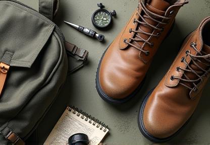 Essential outdoor adventure gear including a backpack, hiking boots, and compass.