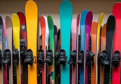 Assortment of colorful snowboards and bindings displayed vertically.