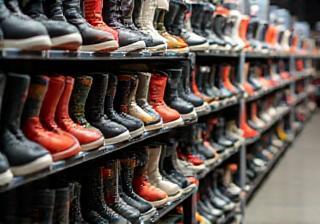 Rows of rental snow boots and helmets organized for customers.
