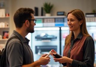 Store staff member patiently explaining product features to a customer.