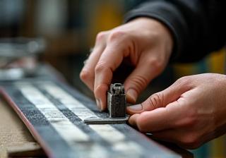 Close up of hands tuning the edge of a ski with tools.
